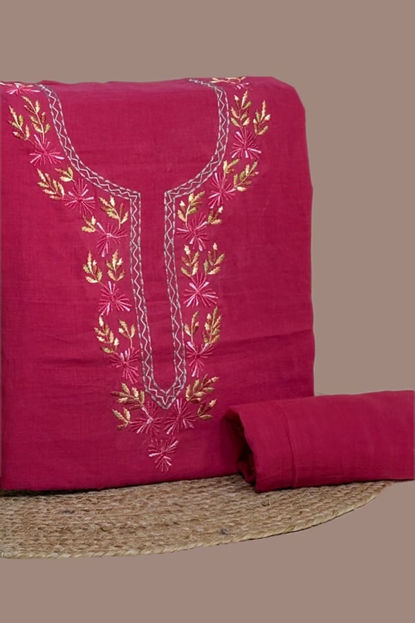 2Pc Handloom Embroidered Neck Design Soft Cotton Top(3m) Bottom(2.5m) Fabric Set