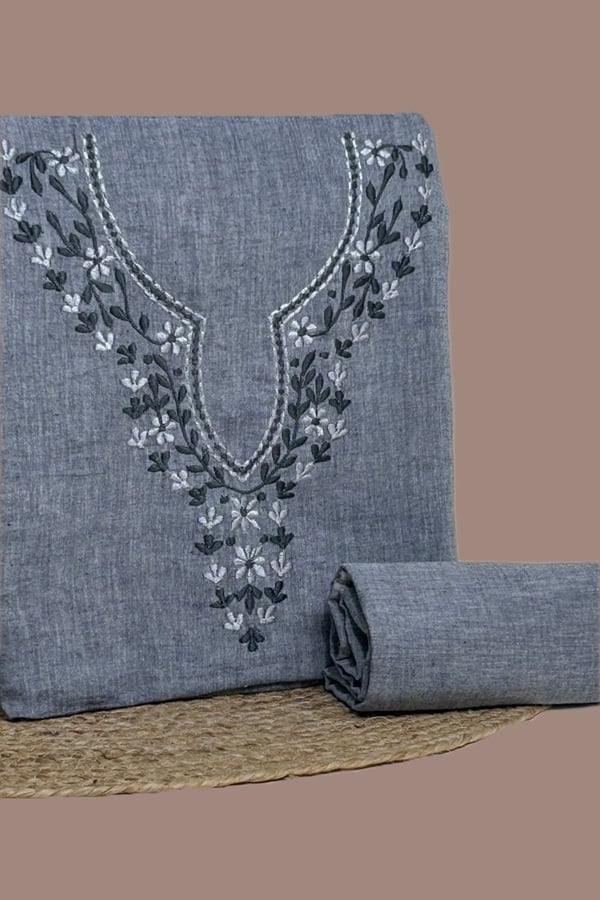 2Pc Handloom Embroidered Neck Design Soft Cotton Top(3m) Bottom(2.5m) Fabric Set