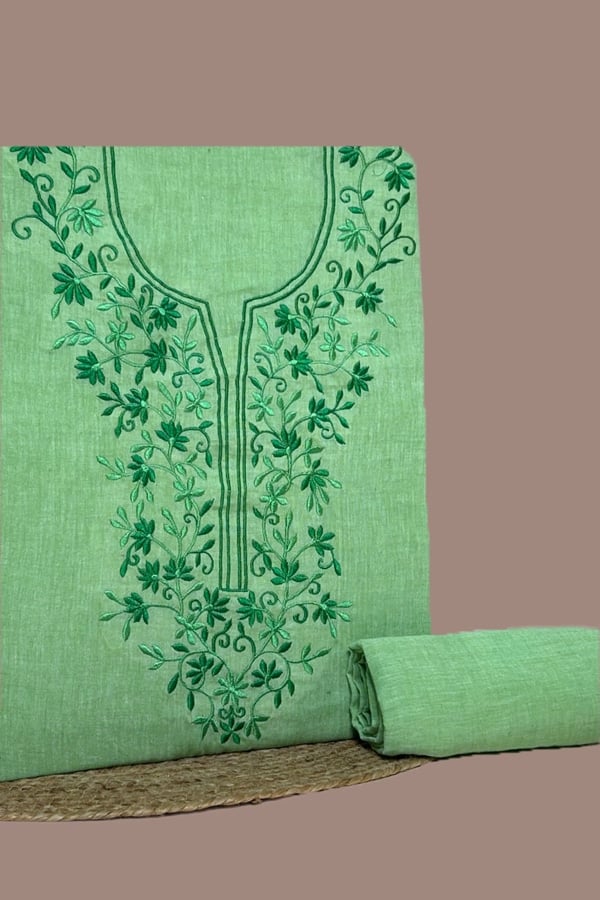 2Pc Handloom Embroidered Neck Design Soft Cotton Top(3m) Bottom(2.5m) Fabric Set
