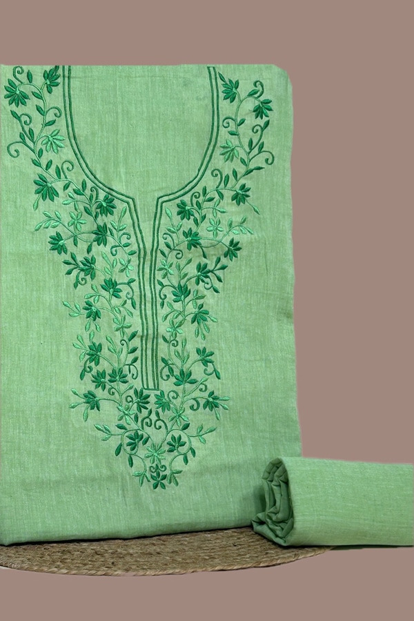 2Pc Handloom Embroidered Neck Design Soft Cotton Top(3m) Bottom(2.5m) Fabric Set