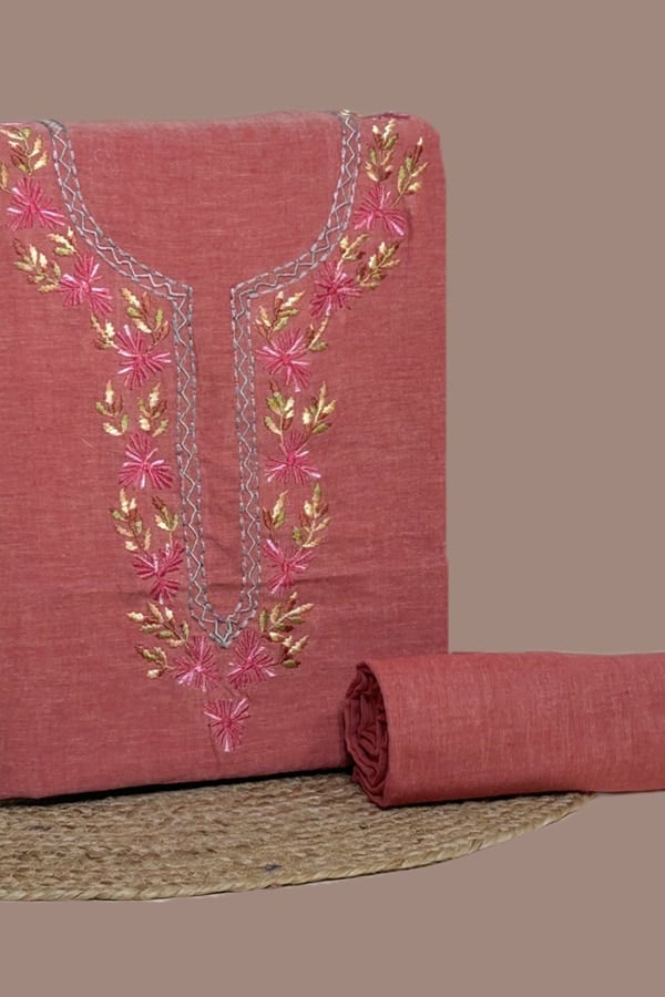 2Pc Handloom Embroidered Neck Design Soft Cotton Top(3m) Bottom(2.5m) Fabric Set