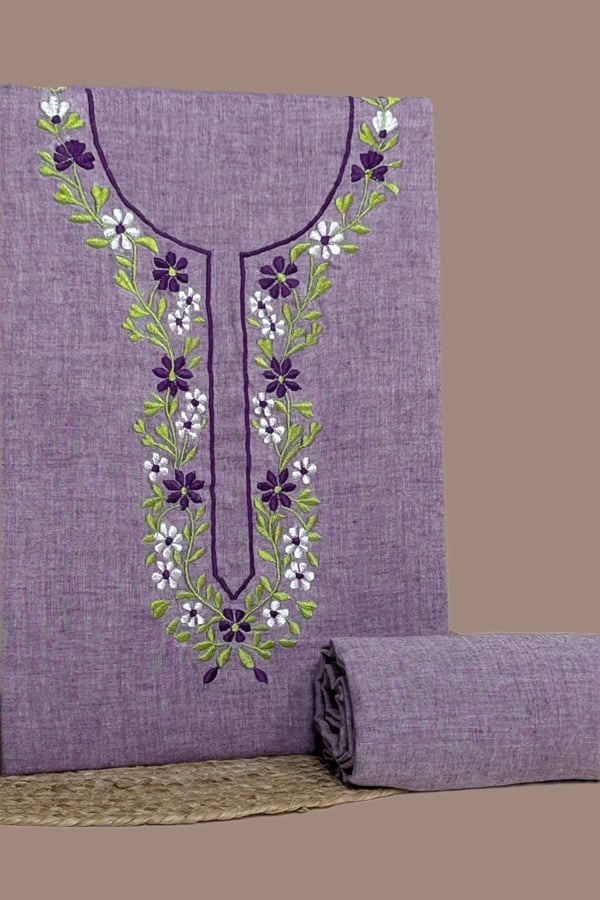 2Pc Handloom Embroidered Neck Design Soft Cotton Top(3m) Bottom(2.5m) Fabric Set