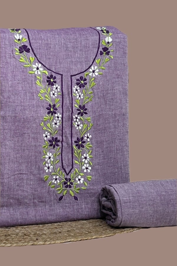 2Pc Handloom Embroidered Neck Design Soft Cotton Top(3m) Bottom(2.5m) Fabric Set