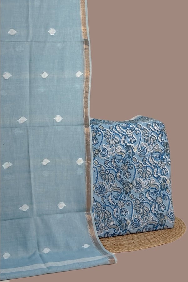 Blue - 2pc Handloom Cotton Dupatta and Pure Soft Cotton Top Set