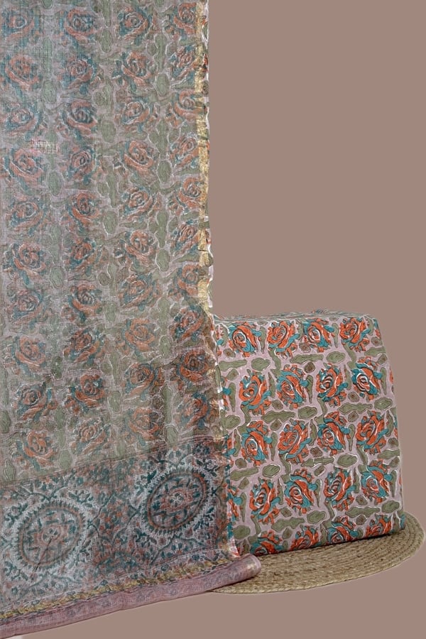 Brown - 2pc Kota Doria Dupatta and Pure Soft Cotton Blockprint Top Fabric Set