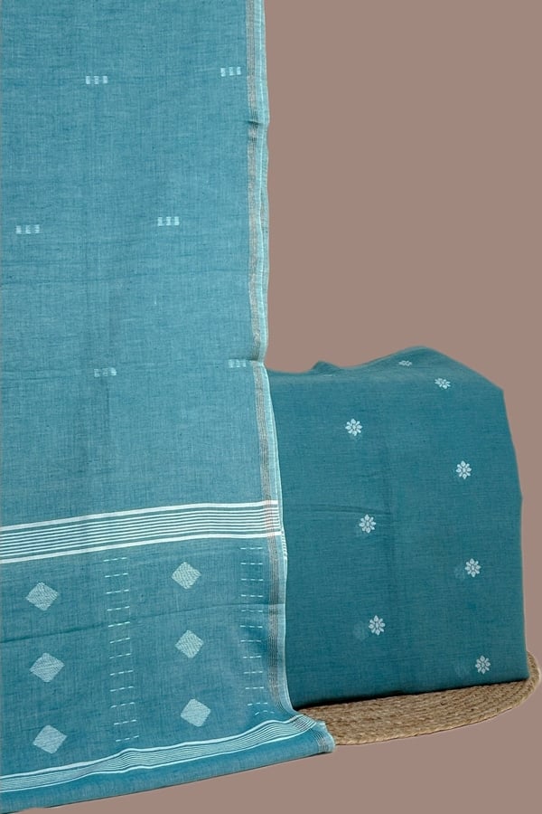 Blue - 2pc Handloom Cotton Dupatta and Handloom Woven Design Top Fabric Set