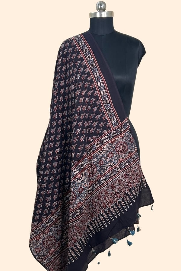 Black - Ajrakh HandCrafted Natural Dye Pure Cotton Dupatta