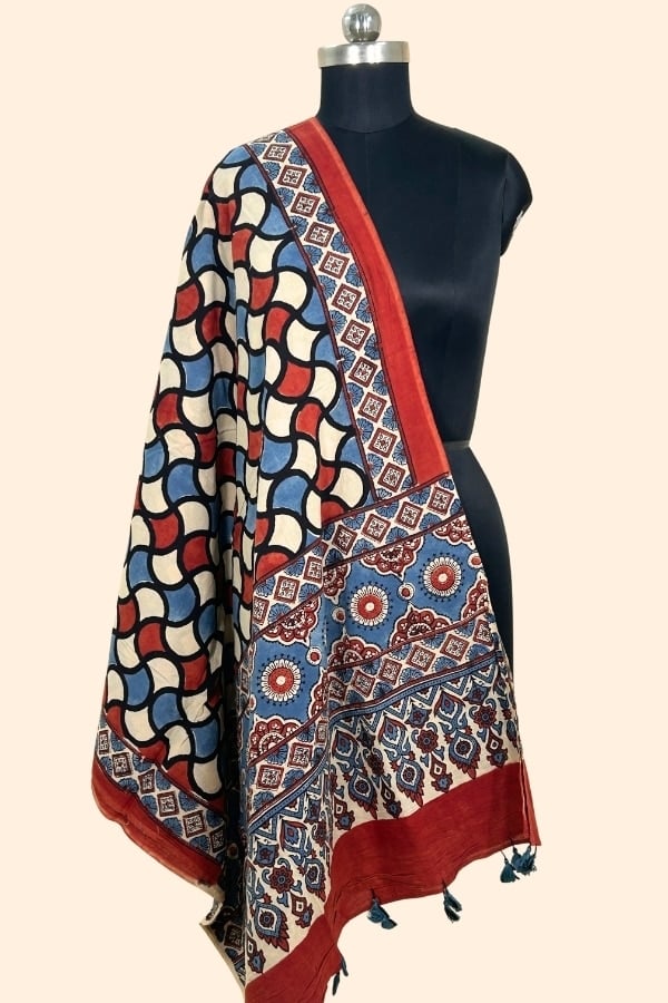 White - Ajrakh HandCrafted Natural Dye Pure Cotton Dupatta