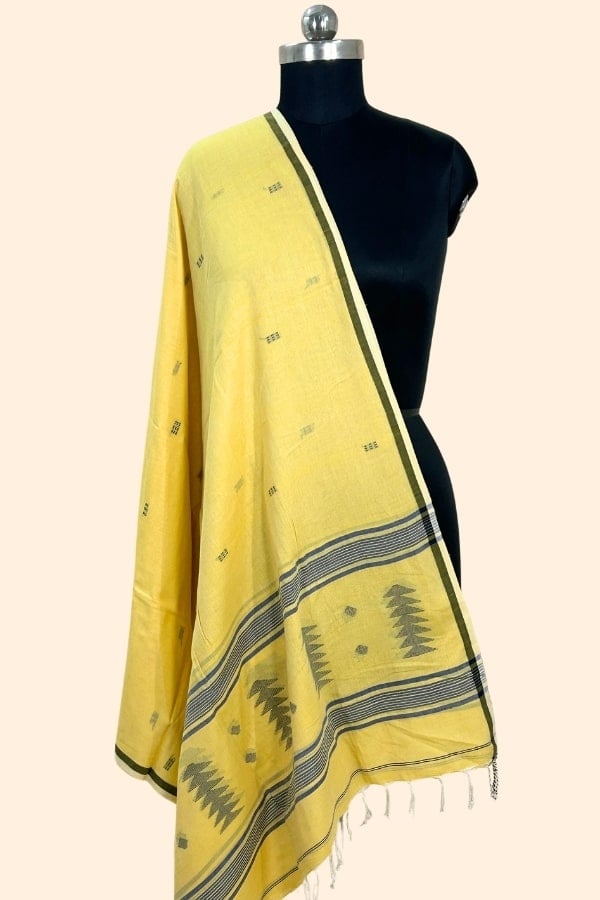 Yellow - Authentic Handloom Woven Pure Soft Cotton Dupatta