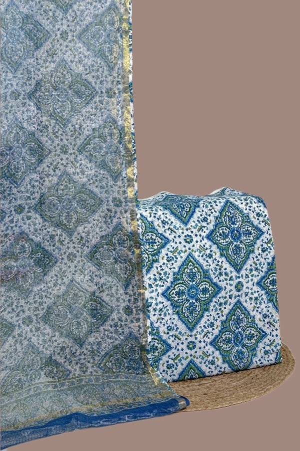2pc Kota Doria Dupatta and Pure Soft Cotton Blockprint Top Fabric Set