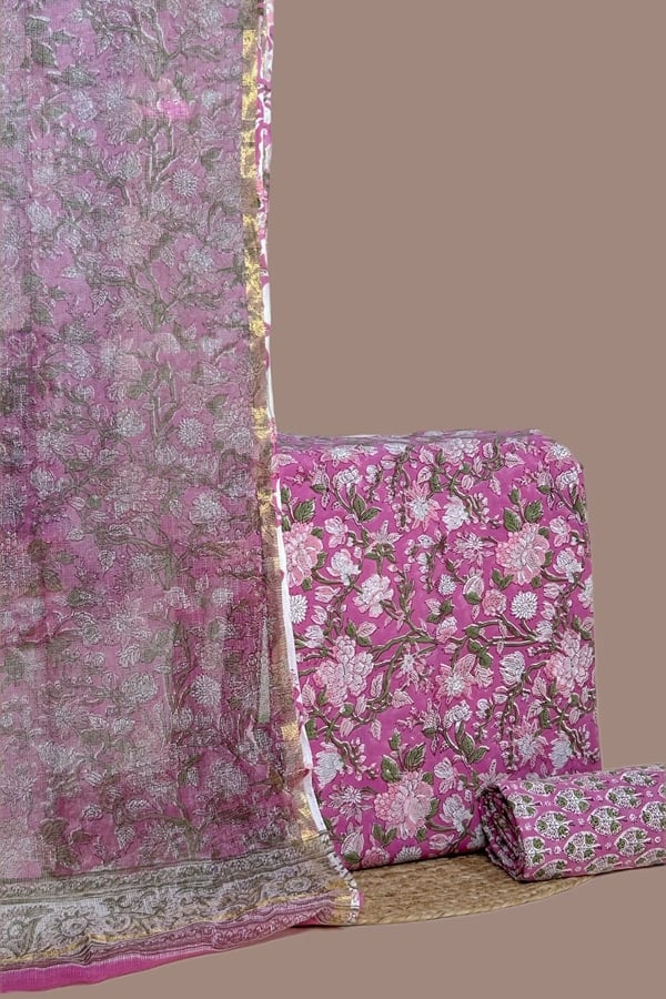 3pc Kota Doria Dupatta with Pure Soft Cotton Top & Bottom Set