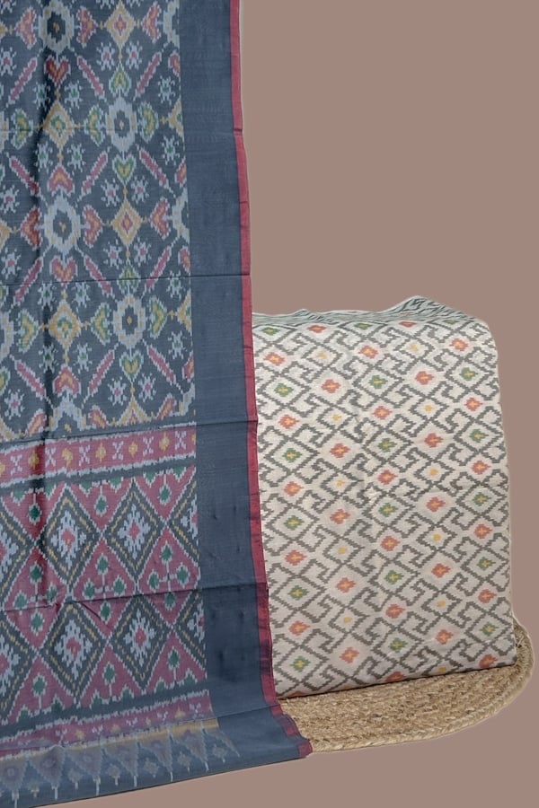 Beige - 2pc Premium Silk-Cotton Ikkat Dupatta and Soft Ikkat Cotton Silk Top Fabric Set