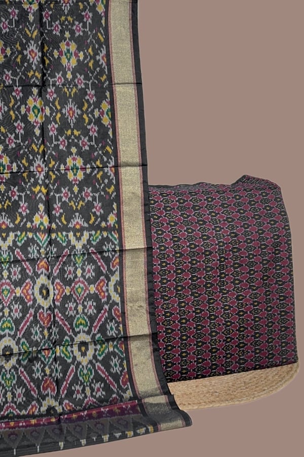 Black - 2pc Premium Silk-Cotton Ikkat Dupatta and Soft Ikkat Cotton Silk Top Fabric Set