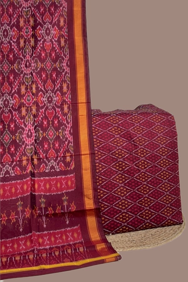 Maroon - 2pc Premium Silk-Cotton Ikkat Dupatta and Soft Ikkat Cotton Silk Top Fabric Set