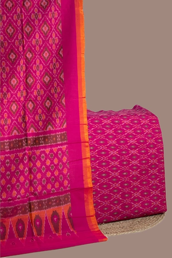 Pink - 2pc Premium Silk-Cotton Ikkat Dupatta and Soft Ikkat Cotton Silk Top Fabric Set