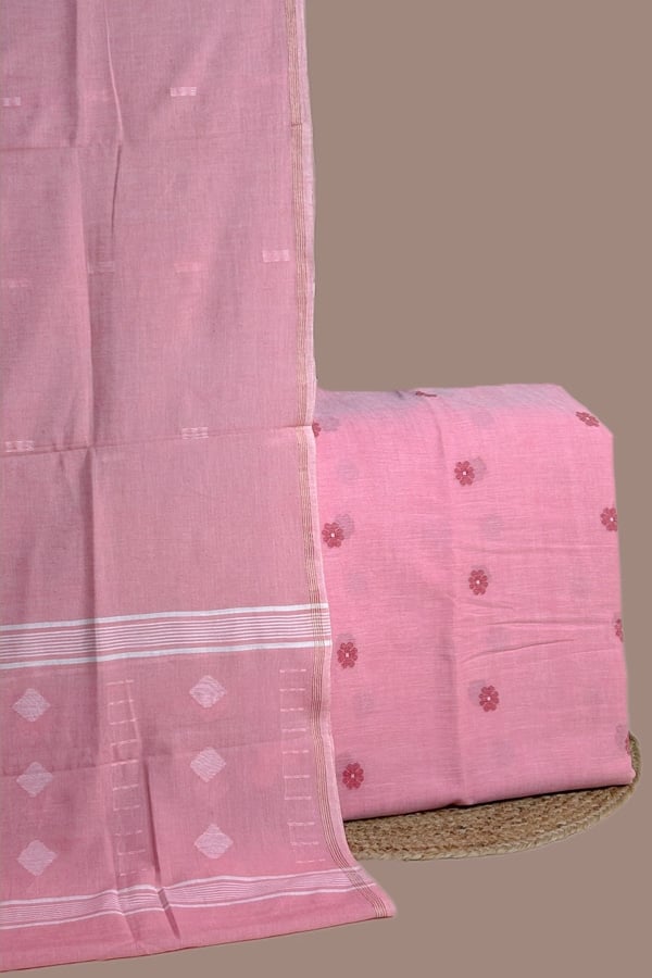Pink - 2pc Handloom Cotton Dupatta and Handloom Woven Design Top Fabric Set