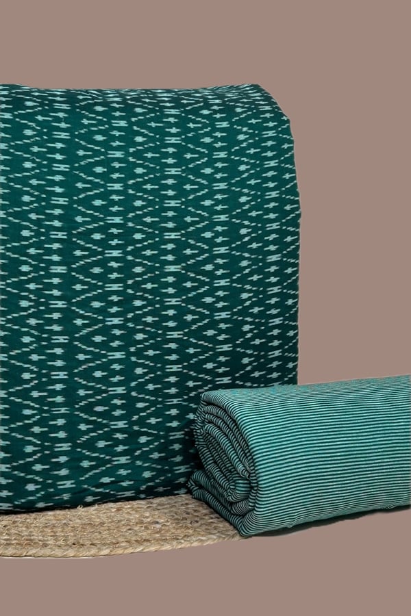 Green - 2pc HandCrafted Ikkat Top and Handloom Woven Stripes Bottom Fabric Set