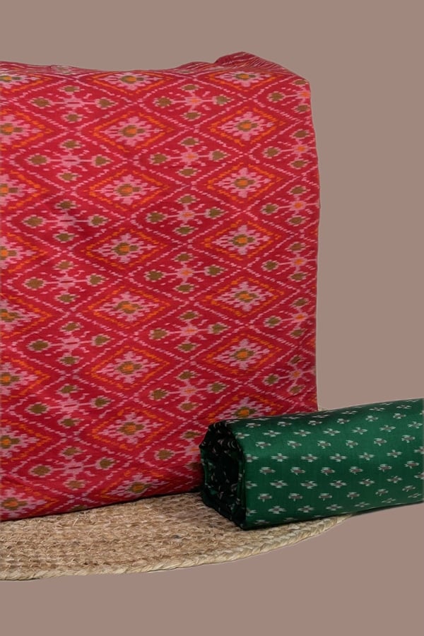 Red - 2pc CottonSilk Soft Ikkat Top and Ikkat CottonSilk Bottom Fabric Set
