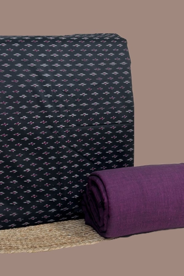 Black - 2pc CottonSilk Soft Ikkat Top and Handloom Soft Cotton Bottom Fabric Set