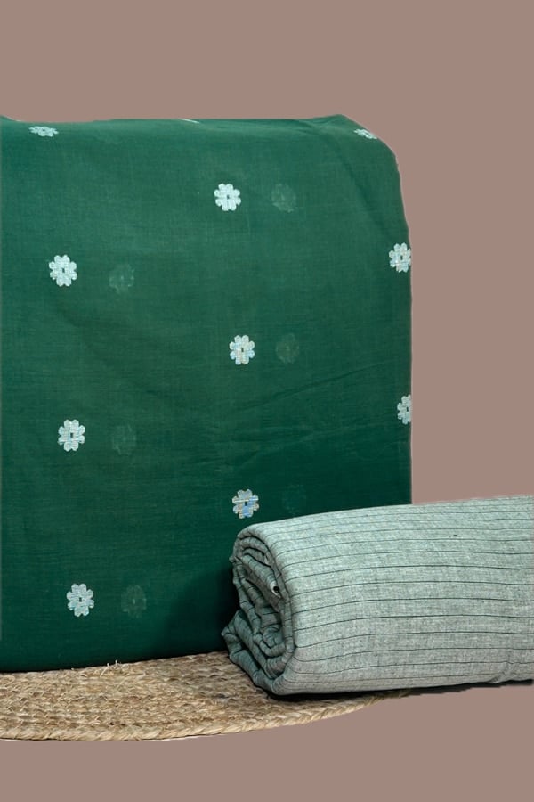 Green - 2pc Handloom Woven Design Cotton Top and Handloom Stripe Soft Cotton Bottom Fabric Set
