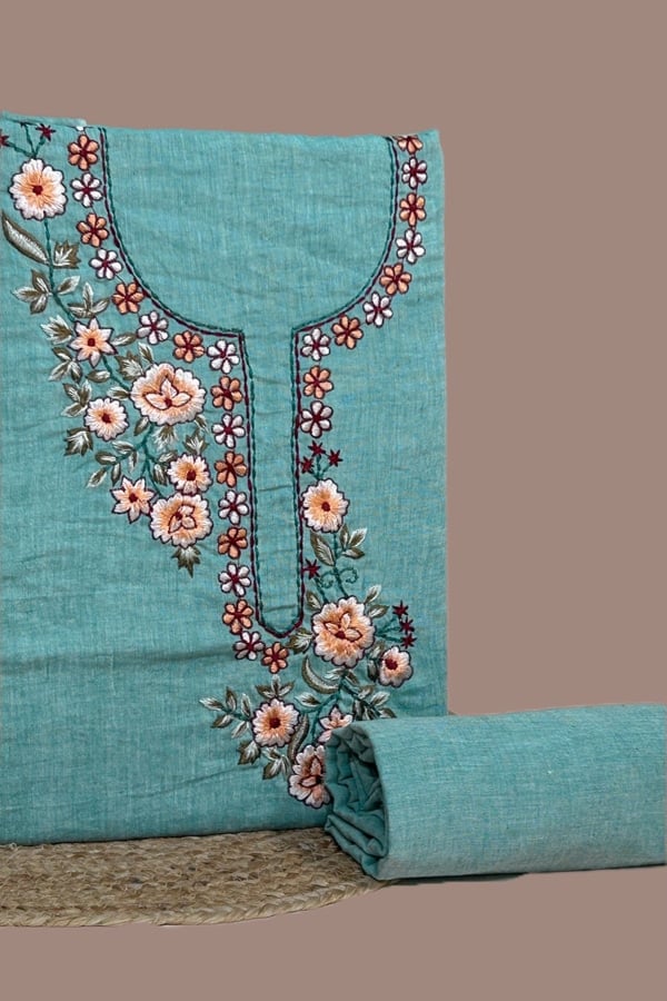 Blue - 2Pc Handloom Embroidered Neck Design Soft Cotton Top(3m) Bottom(2.5m) Fabric Set