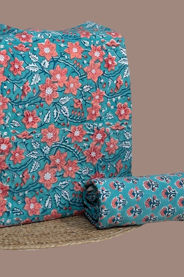 Blue - 2pc Pure Soft Cotton Blockprinted Top and Bottom Fabric Set
