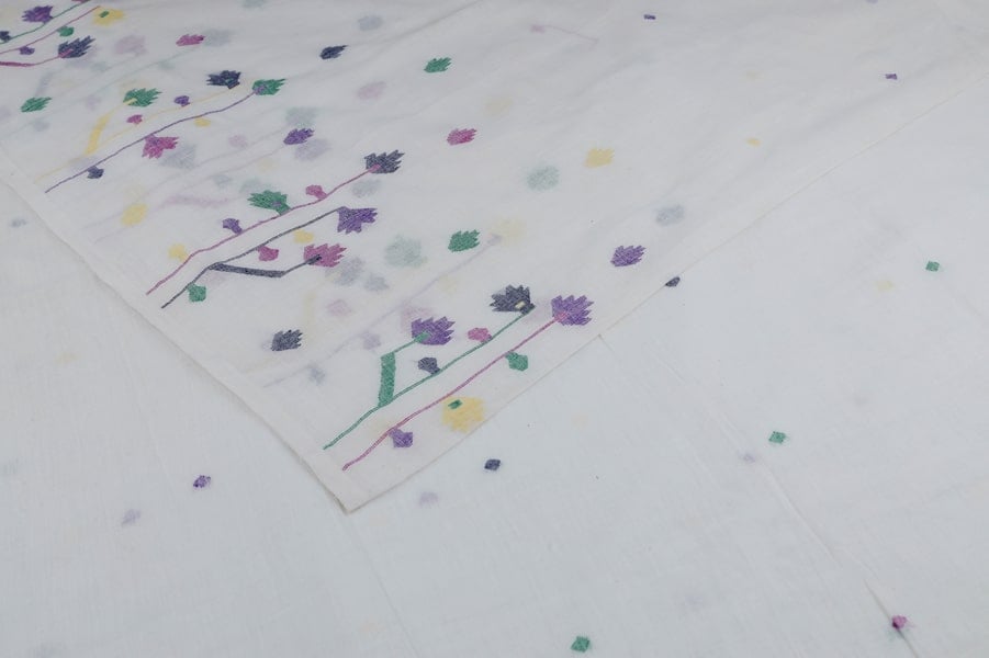 White - Authentic HandLoom Intricate Woven Border Flowy Cotton Fabric White - Authentic HandLoom Intricate Woven Border Flowy Cotton Fabric - Image 1