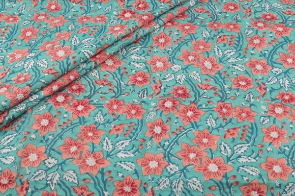 Pre-Cut 1.30m Turquoise Blue Floral Handblock Printed 100% Pure Soft Cotton Fabric