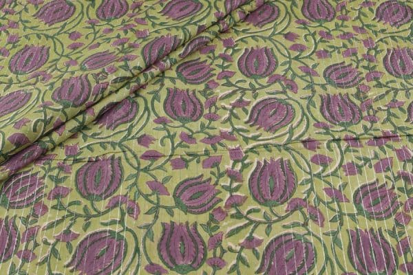 Avocado Green Self-Zari Stripes Floral Handblock Printed 100% Pure Soft Cotton Fabric