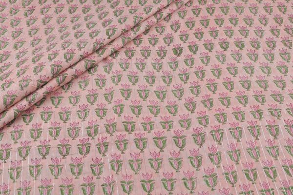 Baby Pink Self-Zari Stripes Floral Handblock Printed 100% Pure Soft Cotton Fabric
