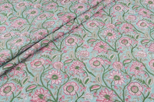 Pastel Blue Floral Handblock Printed 100% Pure Soft Cotton Fabric