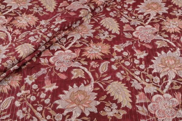 Maroon Red Self-Zari Stripes Floral Handblock Printed 100% Pure Soft Cotton Fabric