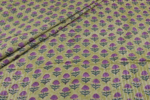 Avocado Green Self-Zari Stripes Floral Handblock Printed 100% Pure Soft Cotton Fabric