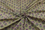Avocado Green Self-Zari Stripes Floral Handblock Printed 100% Pure Soft Cotton Fabric - Image 3