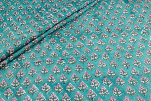 Tiffany Blue Floral Handblock Printed 100% Pure Soft Cotton Fabric