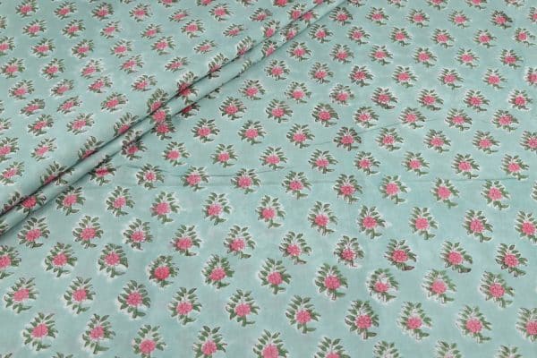 Pastel Blue Floral Handblock Printed 100% Pure Soft Cotton Fabric