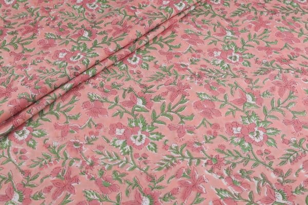 Salmon Pink Floral Handblock Printed 100% Pure Soft Cotton Fabric