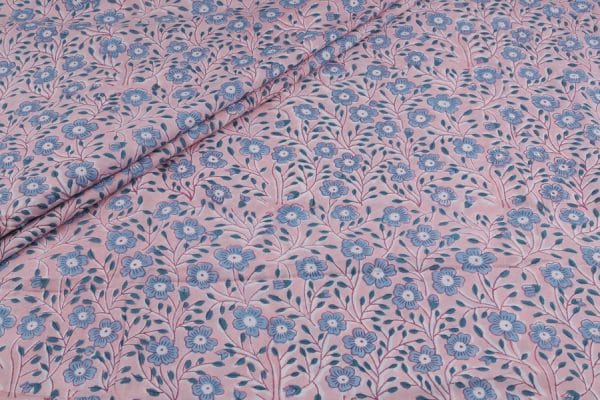 Pastel Pink Floral Handblock Printed 100% Pure Soft Cotton Fabric