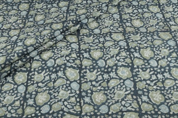 Charcoal Blue Floral Handblock Printed 100% Pure Soft Cotton Fabric
