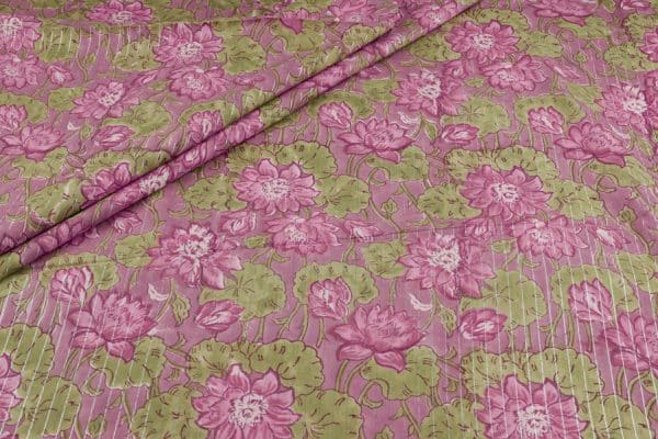 Purple Self-Zari Stripes Floral Handblock Printed 100% Pure Soft Cotton Fabric