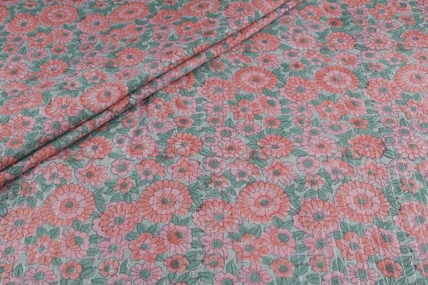 Pre-Cut 1.20m Salmon Pink Self-Zari Stripes Floral Handblock Printed 100% Pure Soft Cotton Fabric