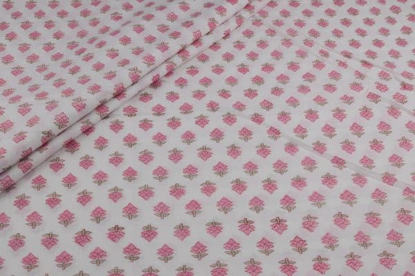 Pre-Cut 2.20m White Floral Handblock Printed 100% Pure Soft Cotton Fabric