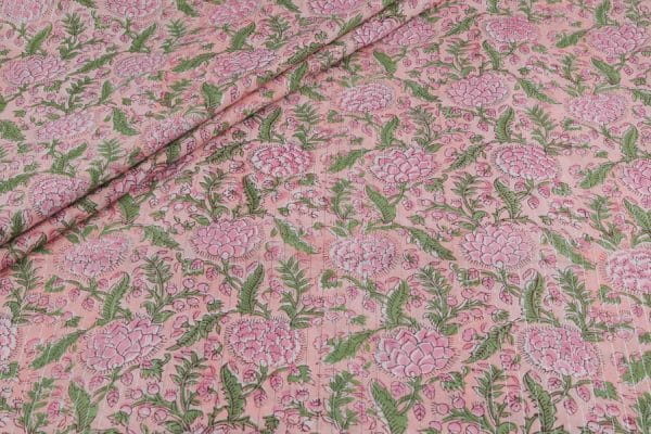 Baby Pink Self-Zari Stripes Floral Handblock Printed 100% Pure Soft Cotton Fabric