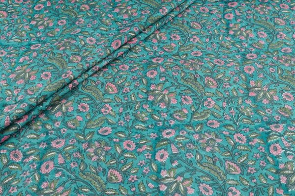 Pre-Cut 1.95m Tiffany Blue Floral Handblock Printed 100% Pure Soft Cotton Fabric
