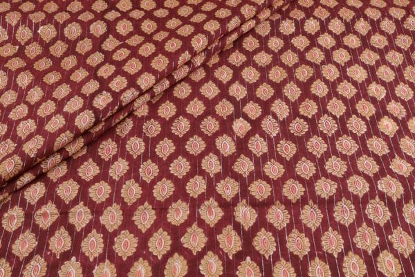 Brownish Red Self-Zari Stripes Floral Handblock Printed 100% Pure Soft Cotton Fabric