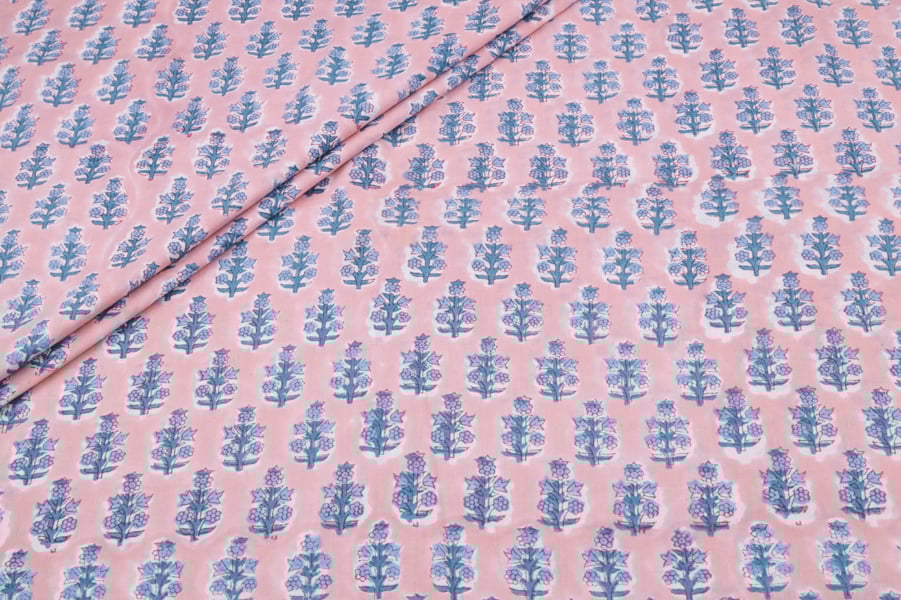 31050 (1) Pastel Pink Floral Handblock Printed 100% Pure Soft Cotton Fabric - Image 1