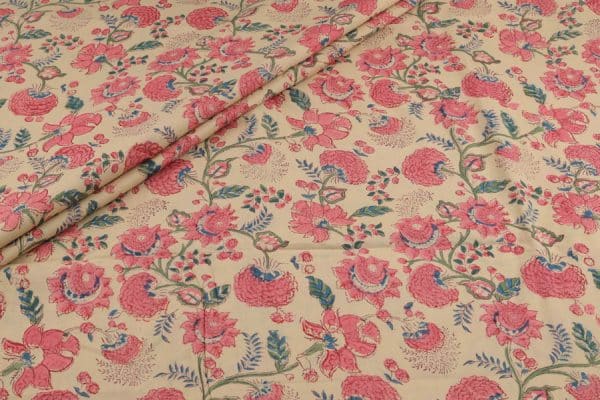 Pre-Cut 0.65m Sand Brown Floral Handblock Printed 100% Pure Soft Cotton Fabric