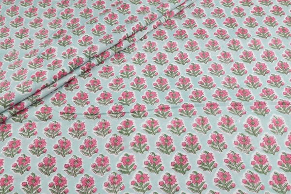 Pastel Blue Floral Handblock Printed 100% Pure Soft Cotton Fabric