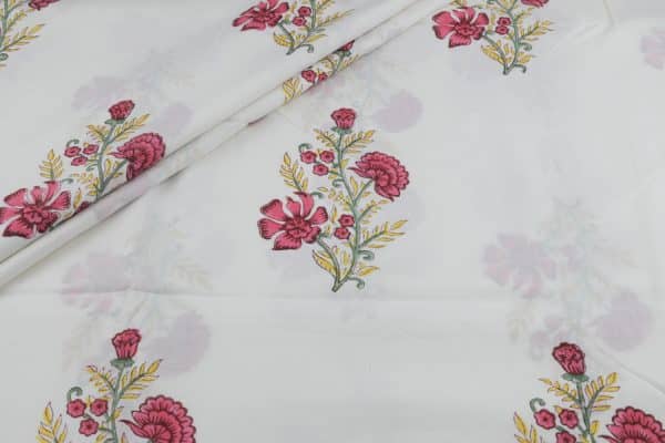 White Floral Handblock Printed 100% Pure Soft Cotton Fabric