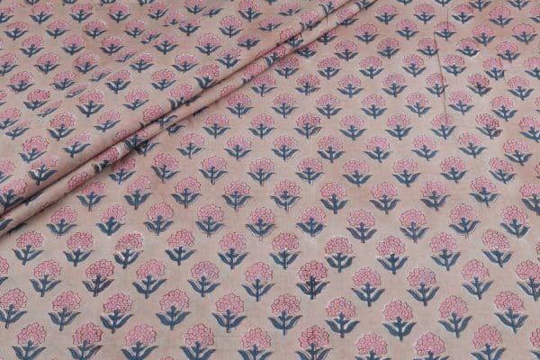Light Brown Floral Handblock Printed 100% Pure Soft Cotton Fabric